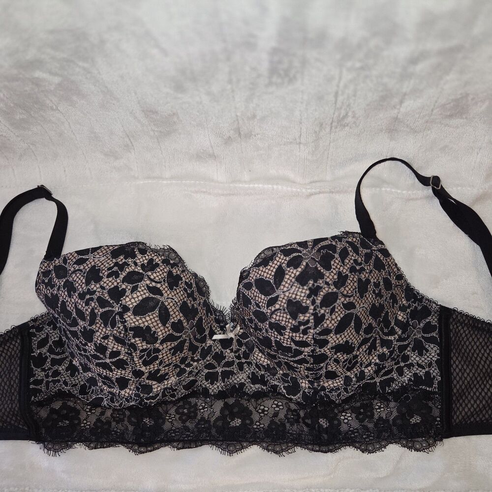 Victorias Secret Dream Angels Black Lace Padded Underwire Demi Bra Sz 32DD Y2K